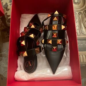 Valentino Women's Black and Gold Studded Flats